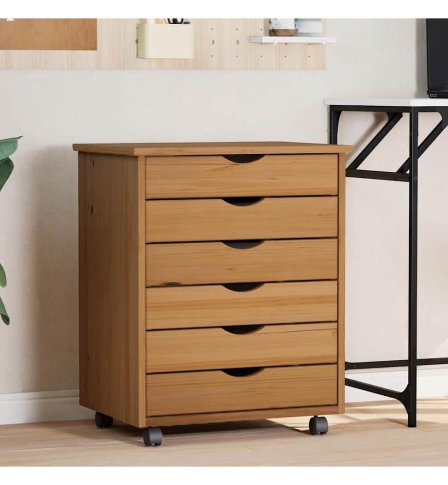 Armoire roulante avec tiroirs MOSS bois de pin marron miel