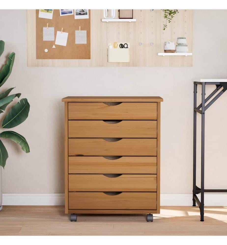 Armoire roulante avec tiroirs MOSS bois de pin marron miel