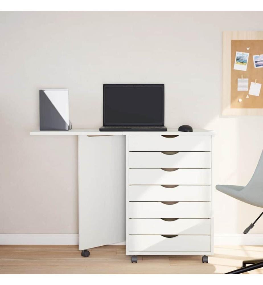 Armoire roulante avec bureau MOSS blanc bois de pin solide