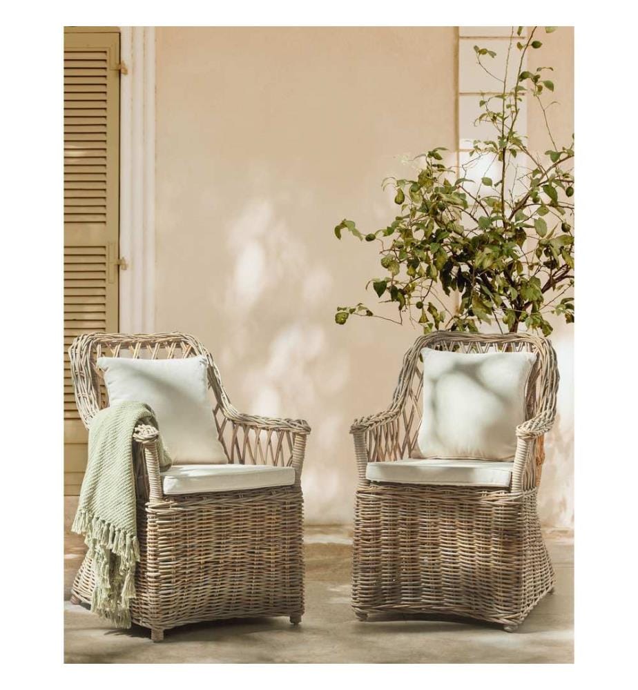 Gartensessel Rattan natürlich 2er Set Auflagen hellbeige MAROS II