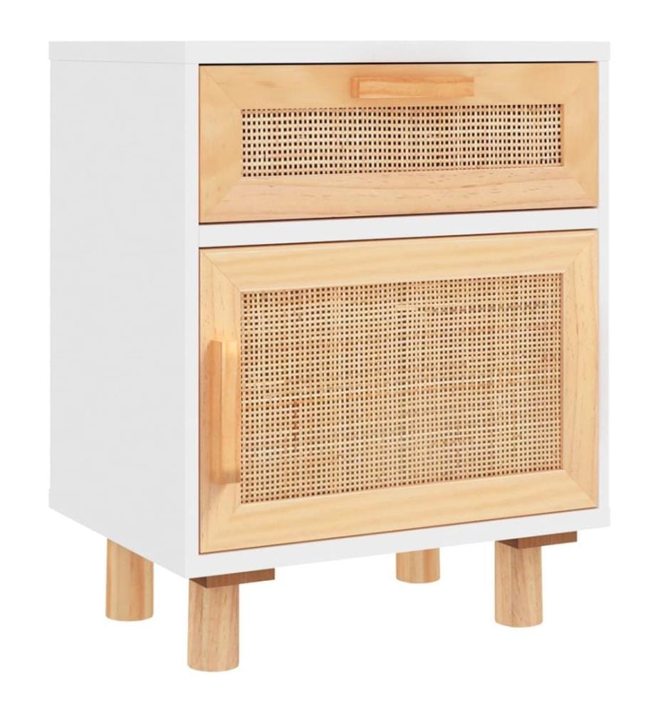 Tables de chevet 2pcs Blanc Bois de pin massif et rotin naturel