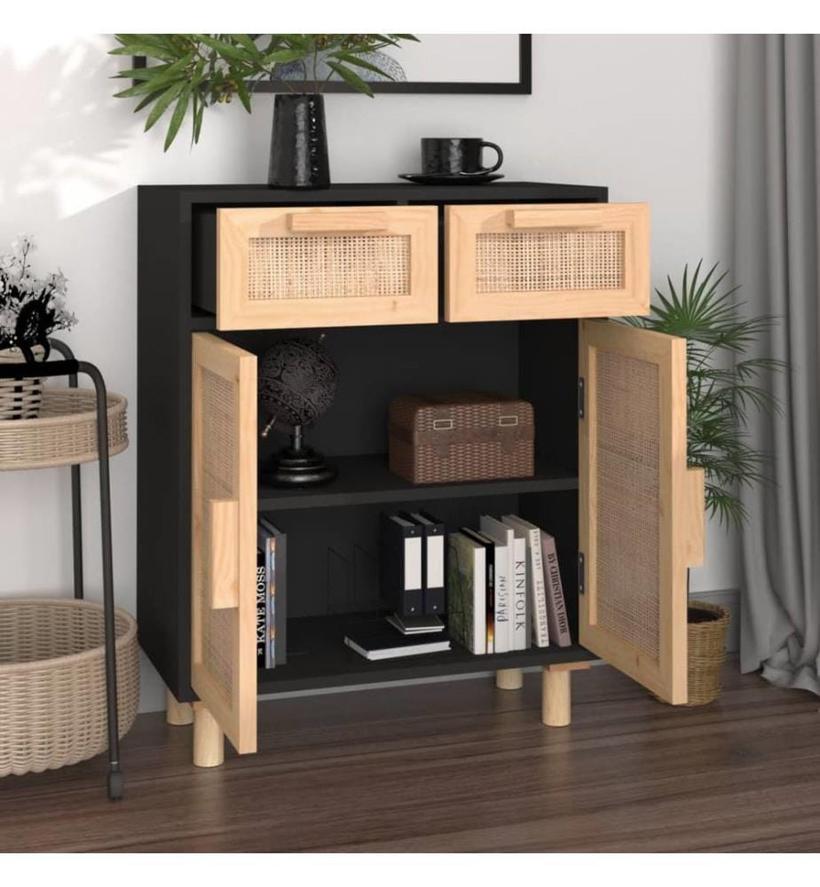 Sideboard Schwarz 60x30x75cm Massivholz Kiefer und Natur-Rattan