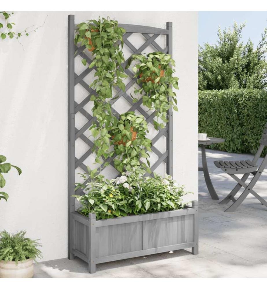 Jardinière avec treillis gris bois massif de sapin