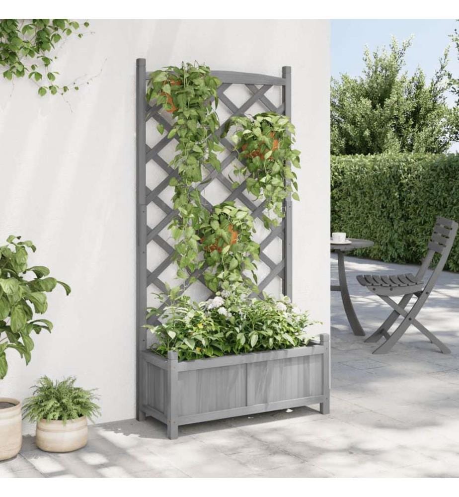 Jardinière avec treillis gris bois massif de sapin