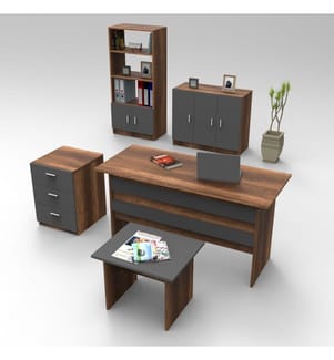 Ensemble de mobilier de bureau, noyer, anthracite, panneaux de particules mélaminés