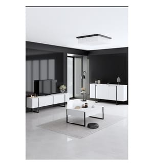 Ensemble de meubles de salon, blanc et noir, panneaux de particules mélaminés, pieds en métal