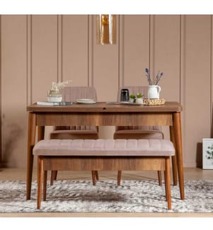 Ensemble table et chaises, 4 pièces, noyer, pierre, panneaux de particules mélaminés, tissu polyester