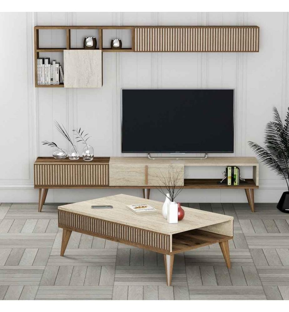 Ensemble de meubles de salon, noyer, travertin, panneaux de particules 100 % recouverts de mélamine