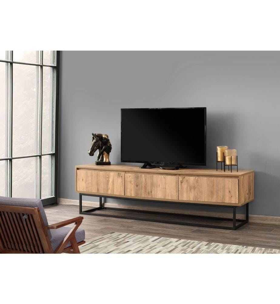 Meuble TV, noir, pin, panneaux de particules mélaminés