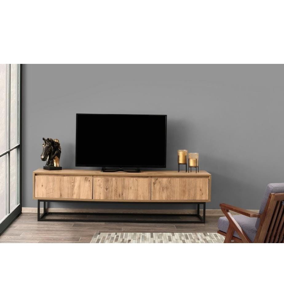 Meuble TV, noir, pin, panneaux de particules mélaminés