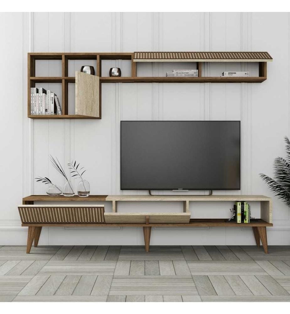 Meuble TV, noyer, travertin, panneau de particules 100 % recouvert de mélamine