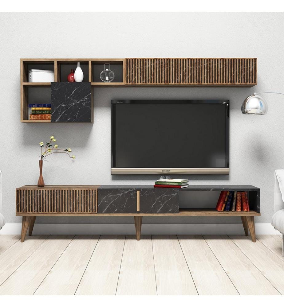 Meuble TV, noyer, noir, panneaux de particules mélaminés