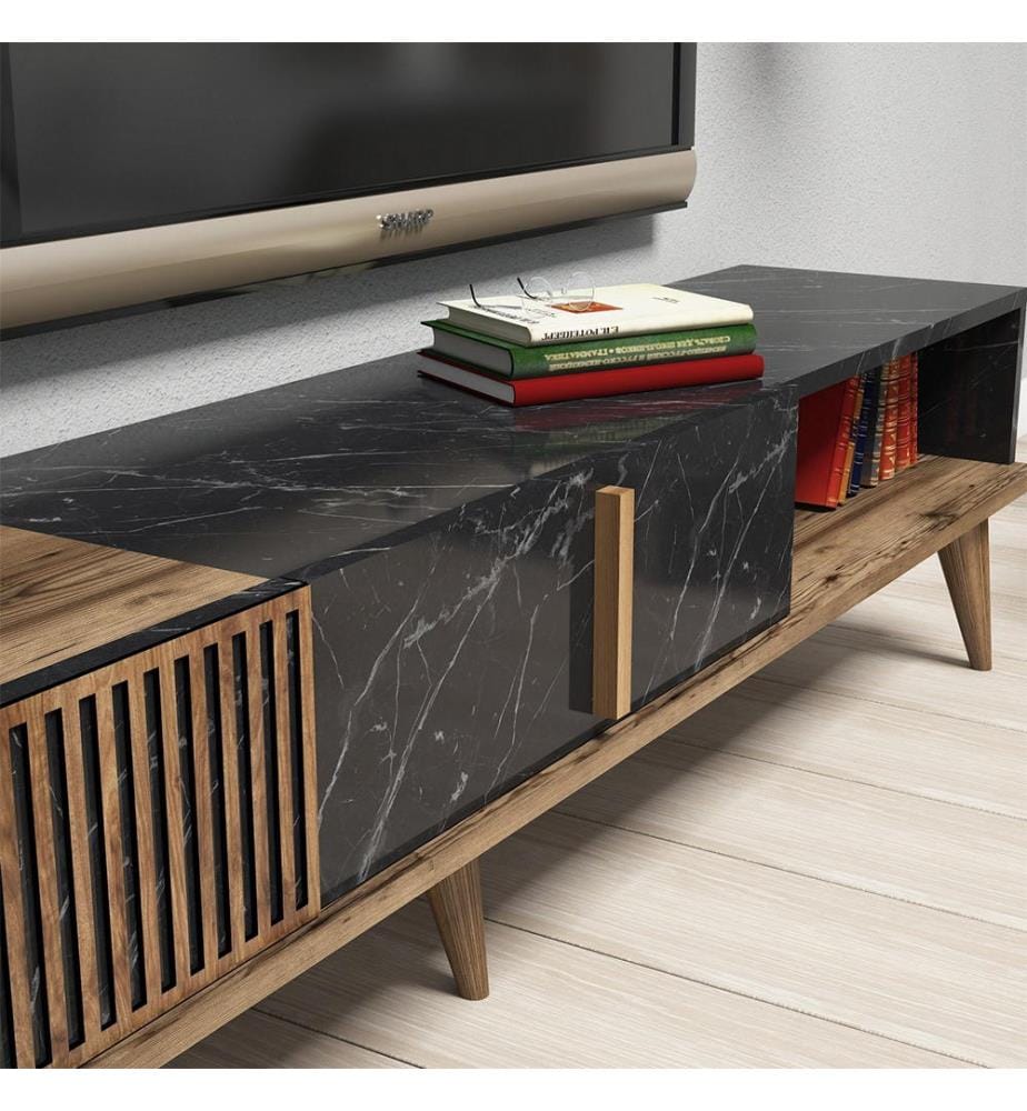 Meuble TV, noyer, noir, panneaux de particules mélaminés
