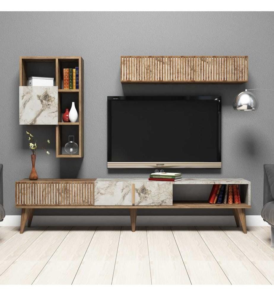 Meuble TV, noyer, blanc, panneaux de particules mélaminés