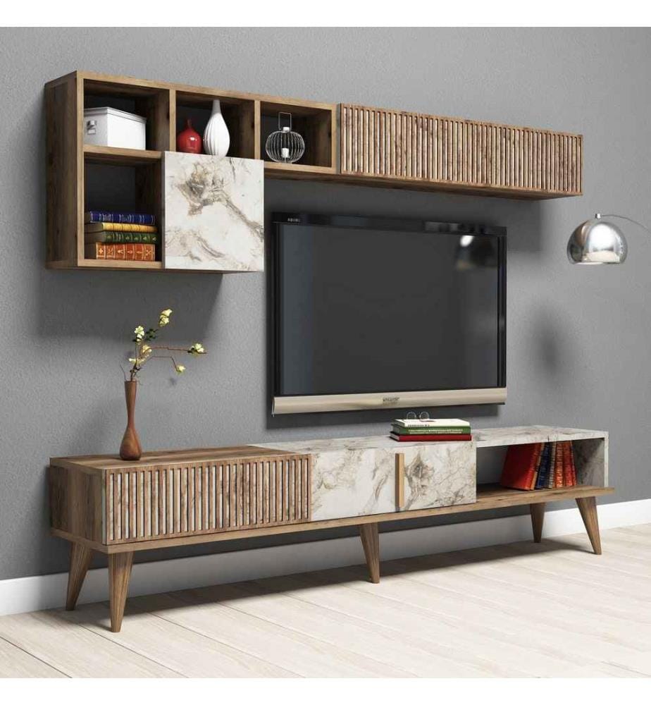 Meuble TV, noyer, blanc, panneaux de particules mélaminés