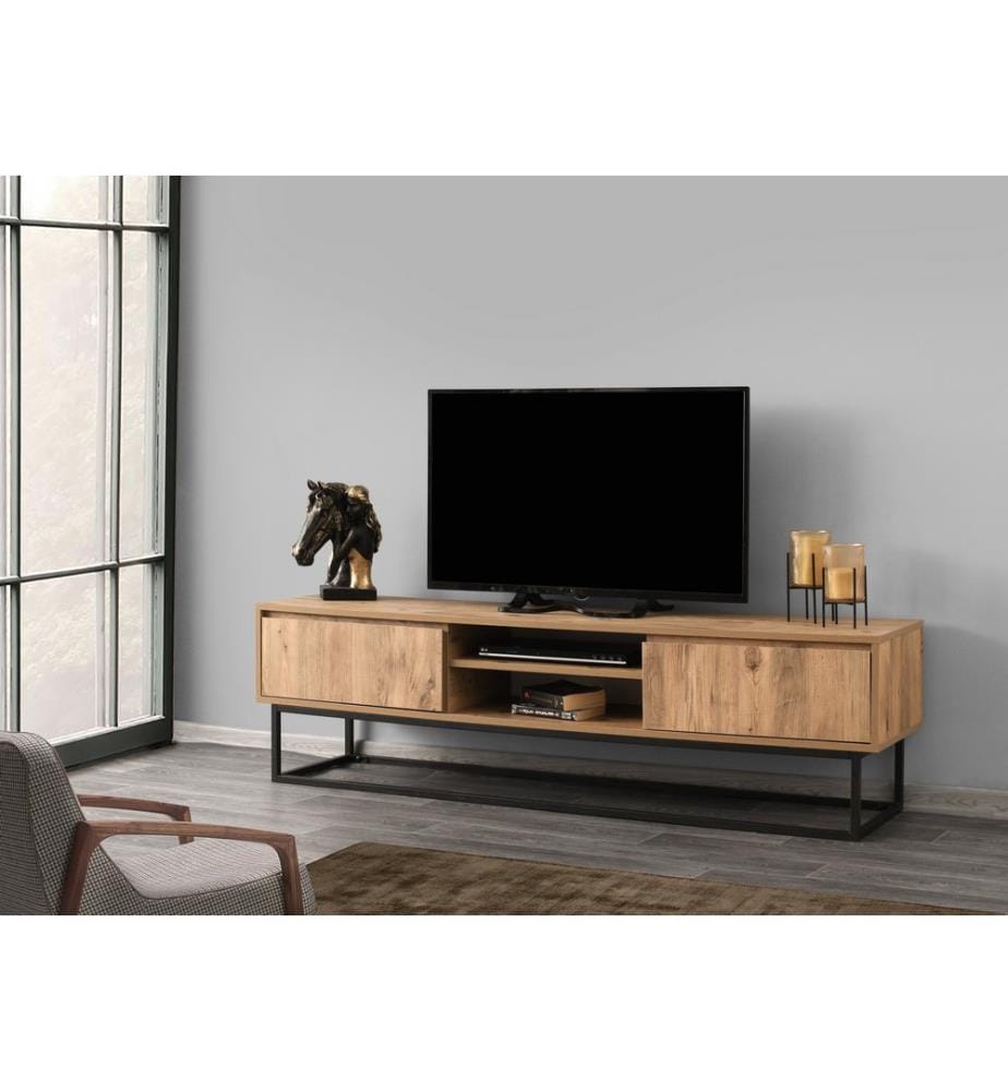 Meuble TV, noir, pin, panneaux de particules mélaminés