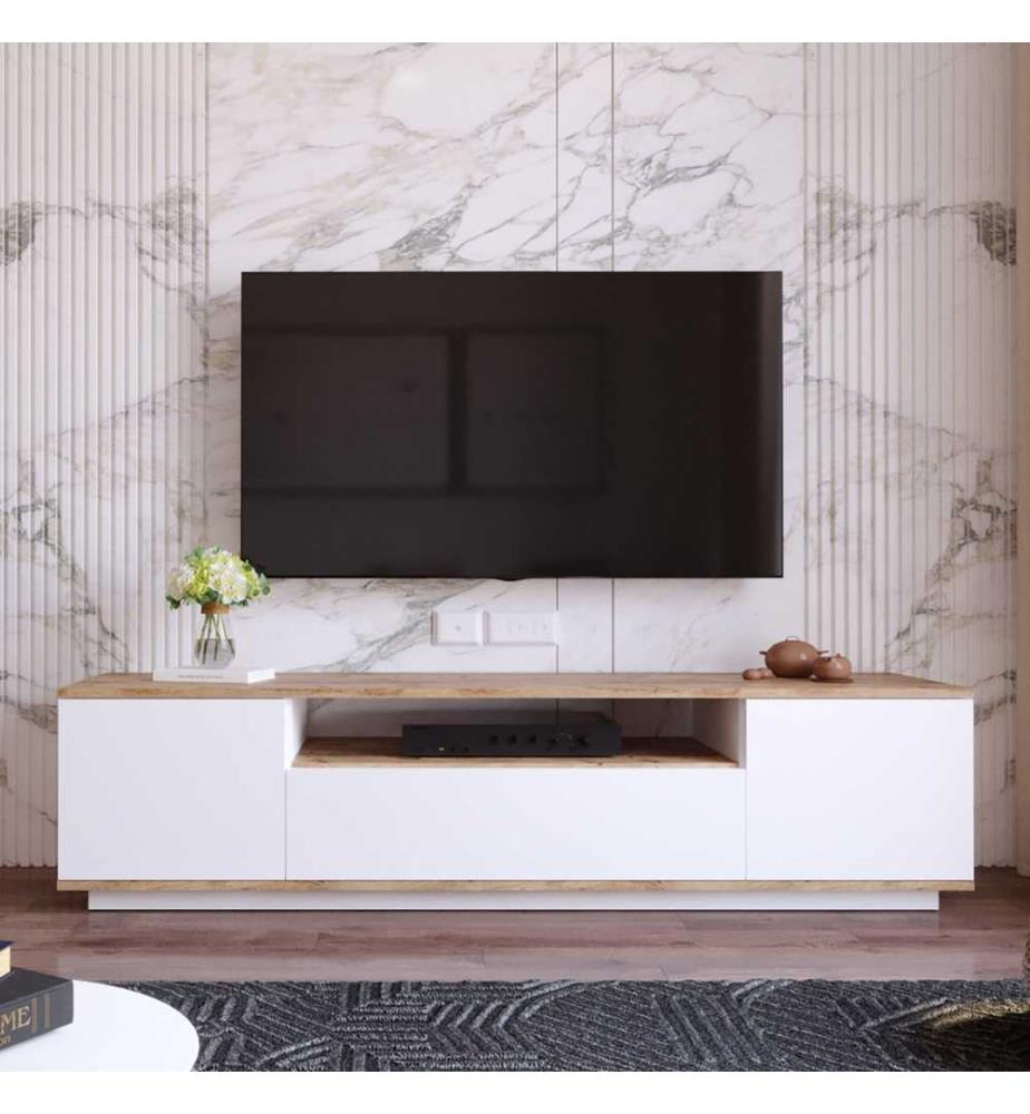 Meuble TV, pin atlantique, blanc, panneaux de particules mélaminés