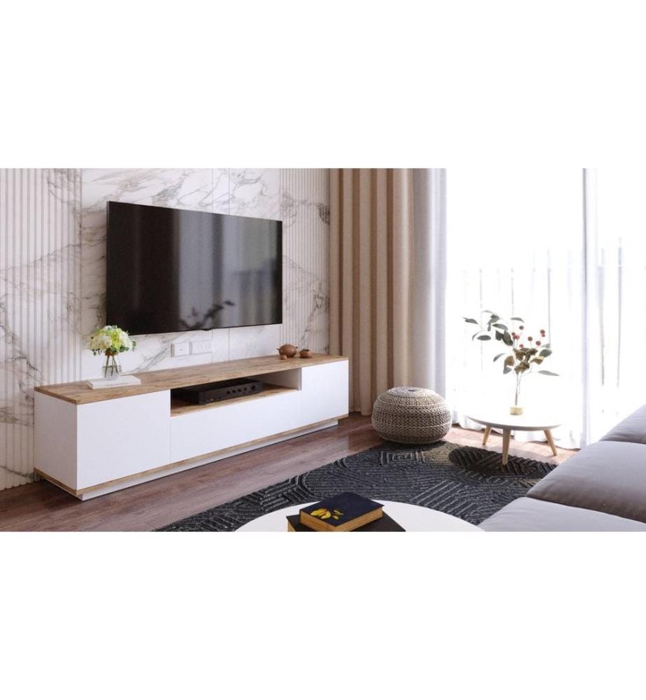 Meuble TV, pin atlantique, blanc, panneaux de particules mélaminés