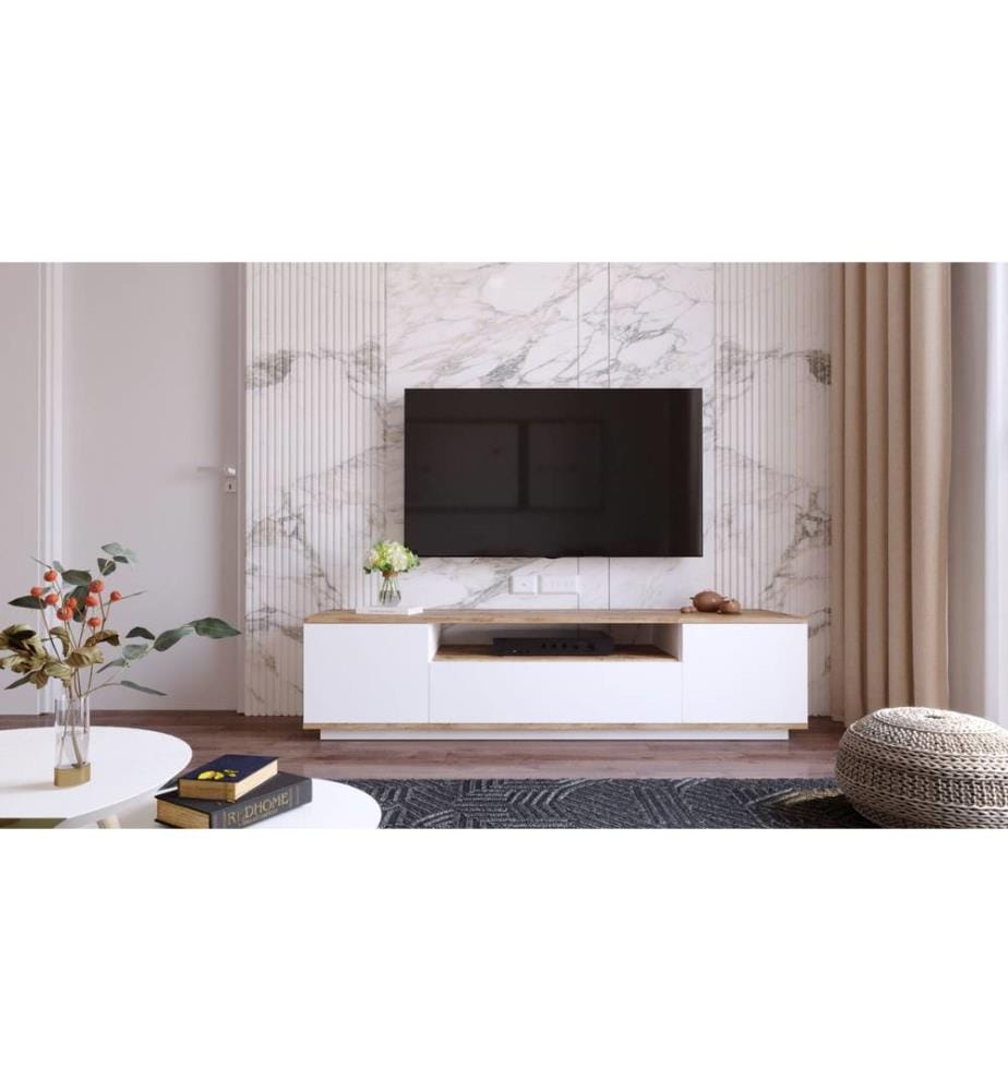 Meuble TV, pin atlantique, blanc, panneaux de particules mélaminés