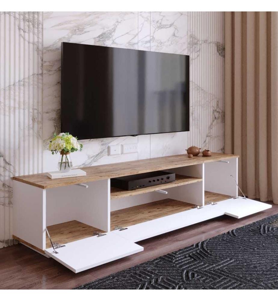 Meuble TV, pin atlantique, blanc, panneaux de particules mélaminés