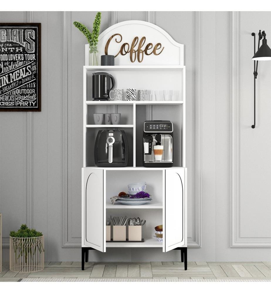 Mobile bar per caffè, bianco, nero, in pannello di particelle rivestito in melamina al 100%.