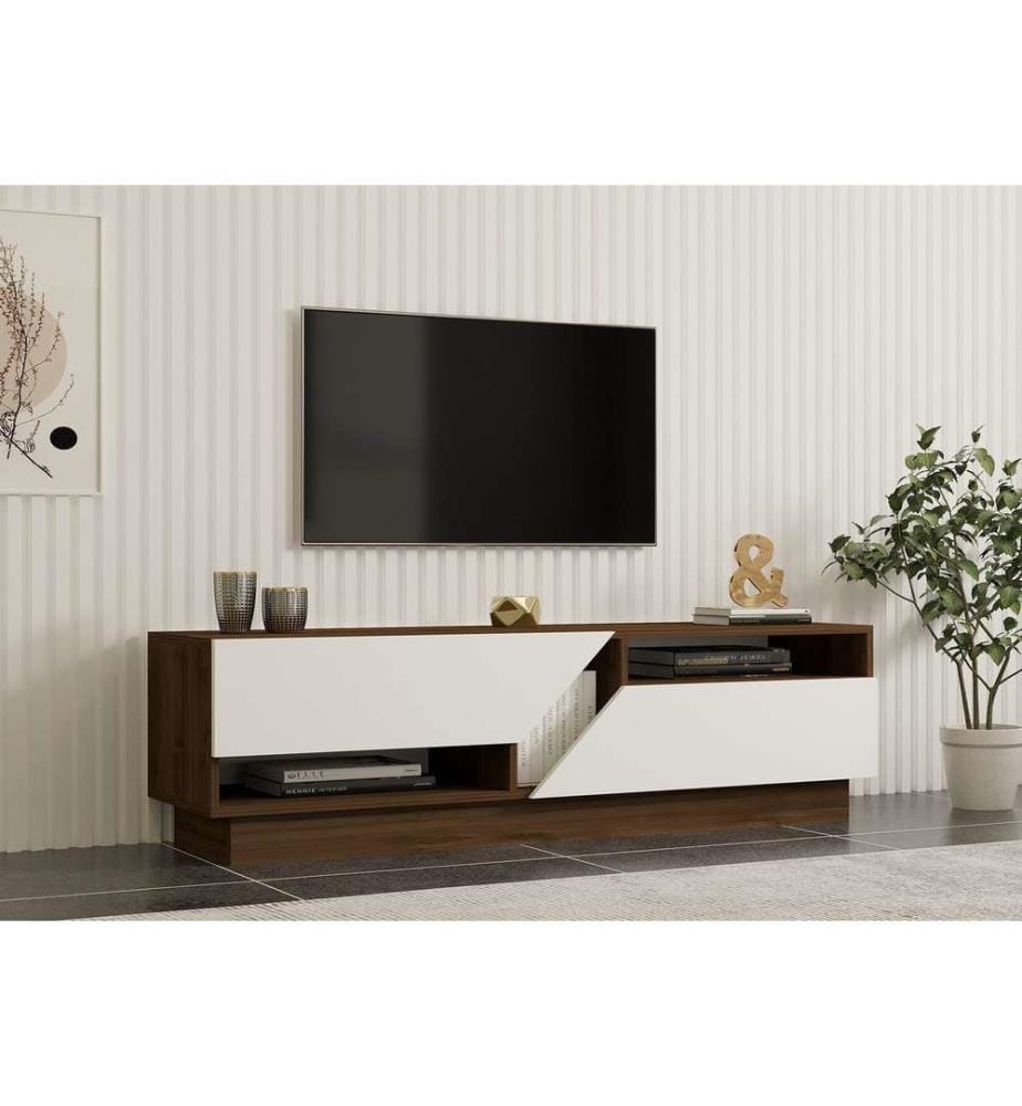 Meuble TV, noyer, blanc, panneaux de particules mélaminés