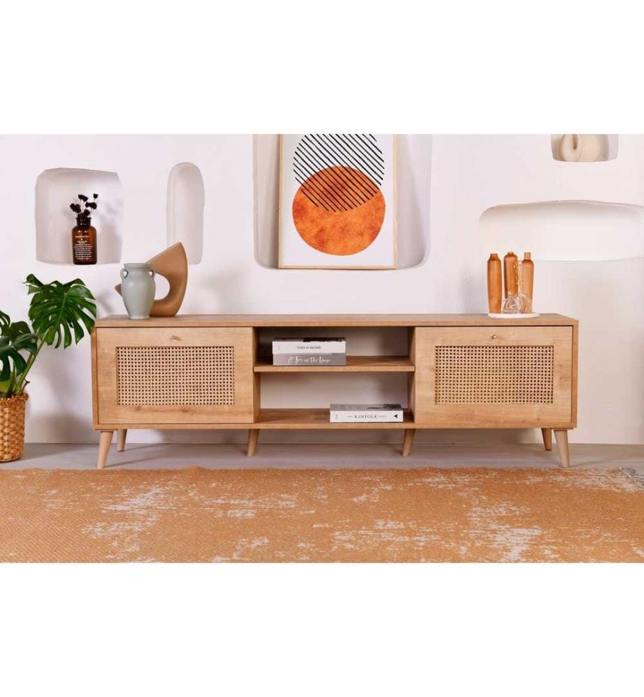 Meuble TV en chêne, panneaux de particules mélaminés, pieds en métal