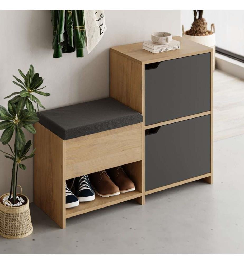 Schuhschrank, Anthrazit, Eiche, melaminbeschichtete Spanplatte, Stoff: Polyester