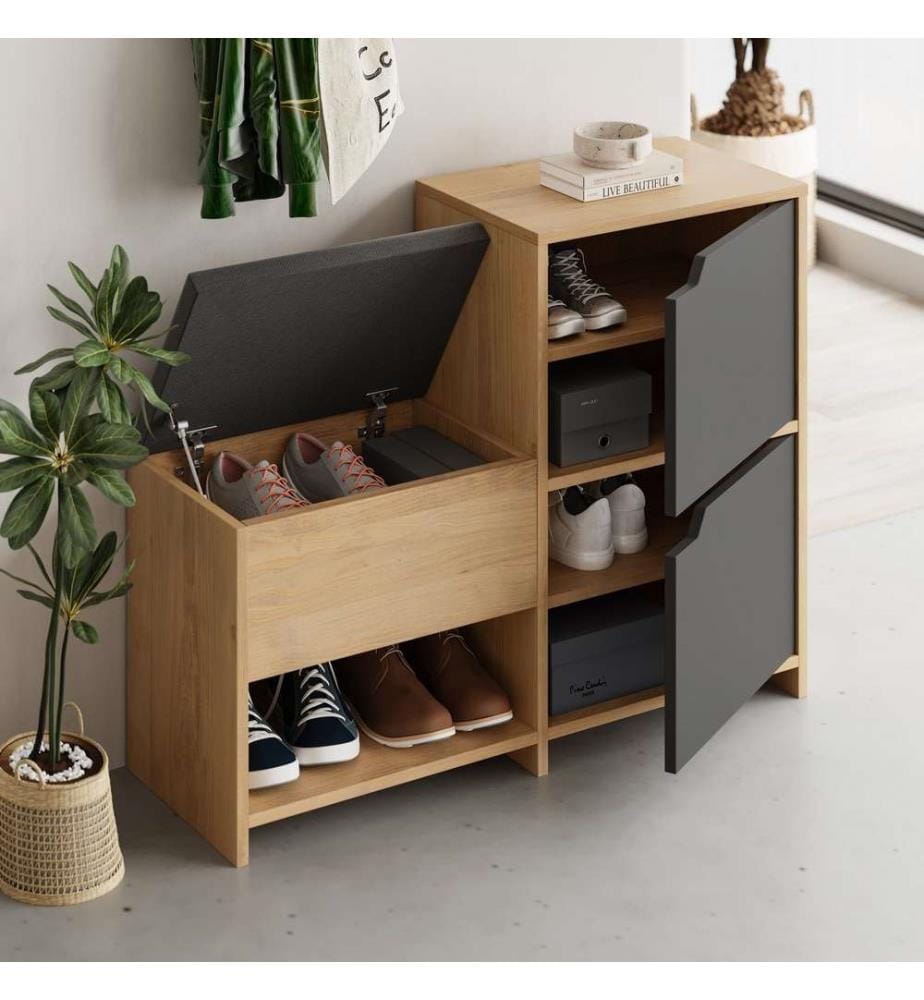Schuhschrank, Anthrazit, Eiche, melaminbeschichtete Spanplatte, Stoff: Polyester