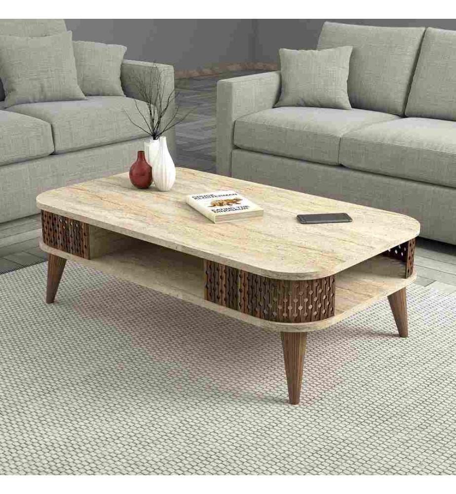 Table basse, travertin, panneau de particules 100% recouvert de mélamine