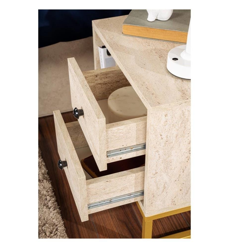 Table de chevet, travertin, doré, panneau de particules 100 % mélaminé, pieds en métal