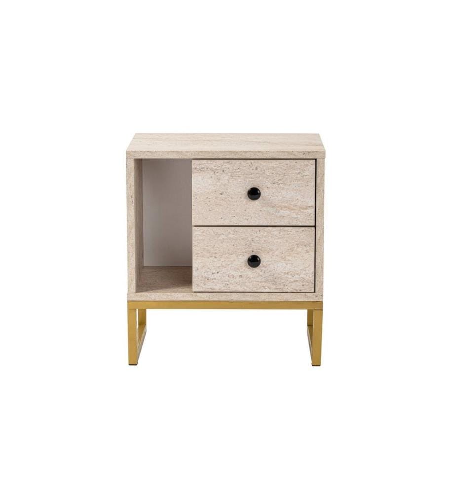 Table de chevet, travertin, doré, panneau de particules 100 % mélaminé, pieds en métal