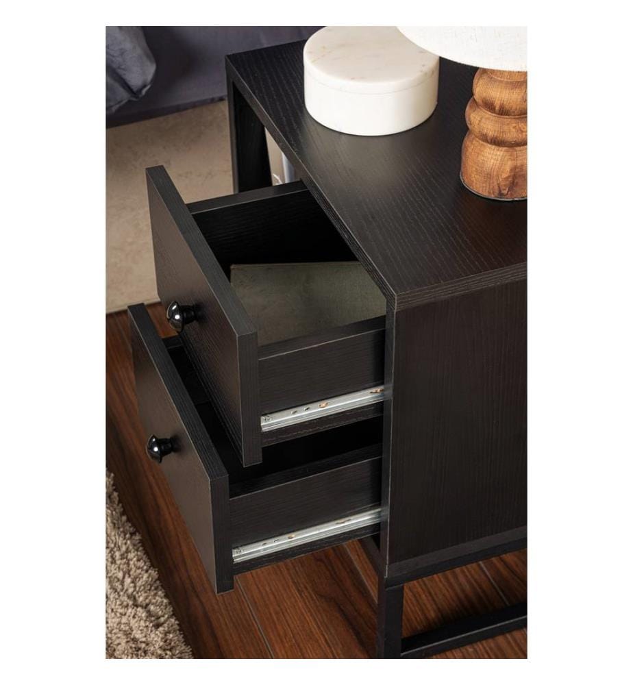 Table de chevet, bois noir, noir, panneau de particules 100 % mélaminé, pieds en métal