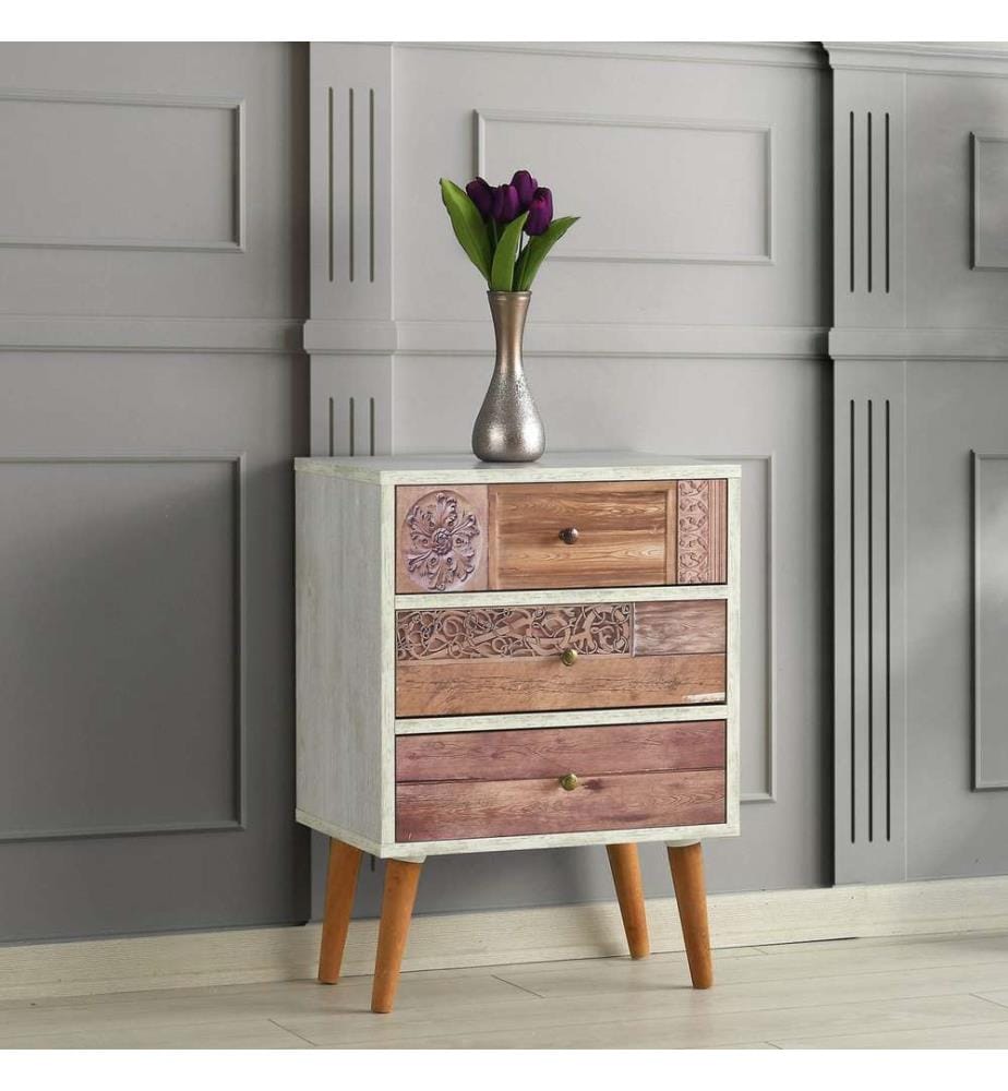 Commode, blanche, noyer, panneaux de particules mélaminés