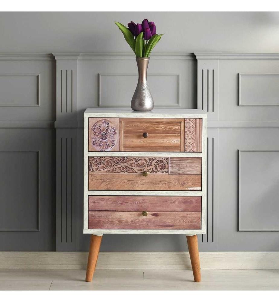 Commode, blanche, noyer, panneaux de particules mélaminés