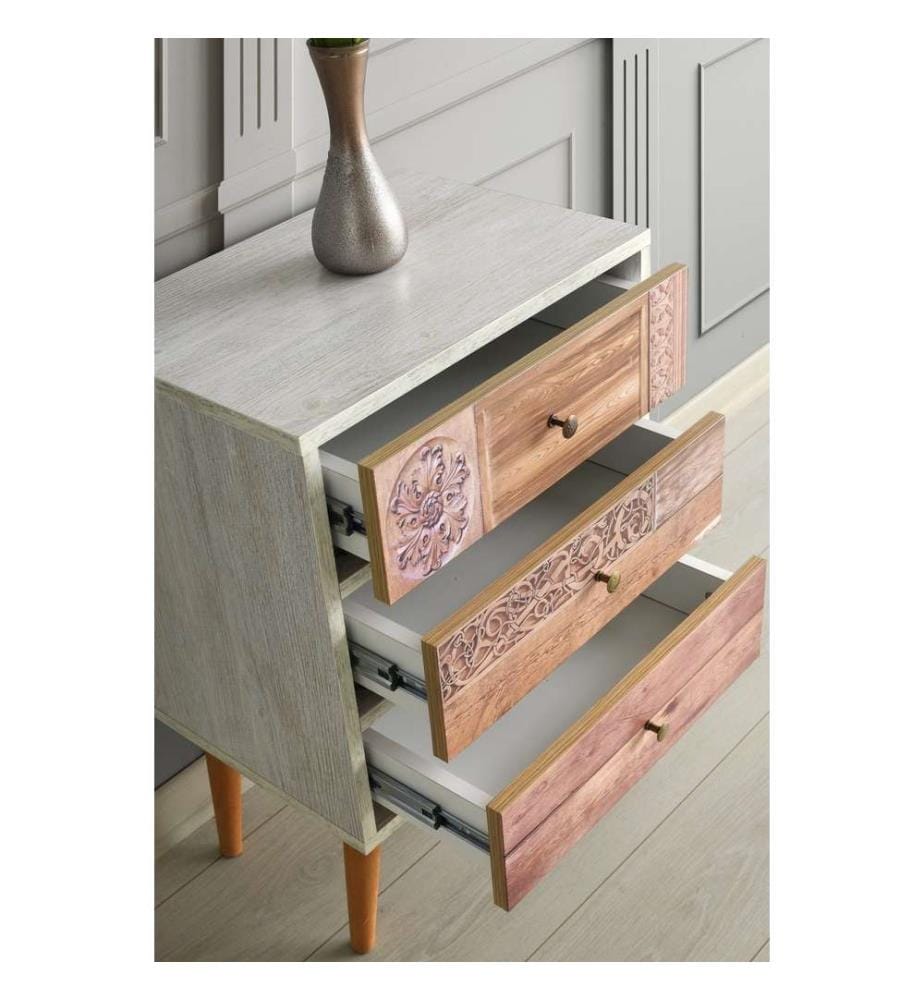 Commode, blanche, noyer, panneaux de particules mélaminés
