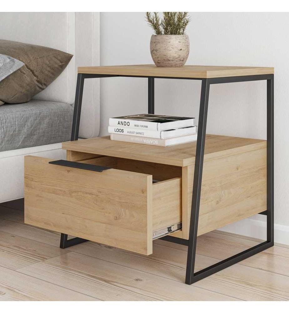 Nightstand, Oak, Black, Melamine Coated Particle Board