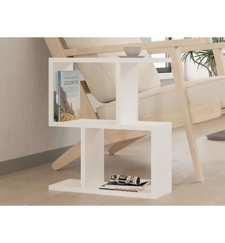Table d'appoint blanche en panneaux de particules mélaminés.