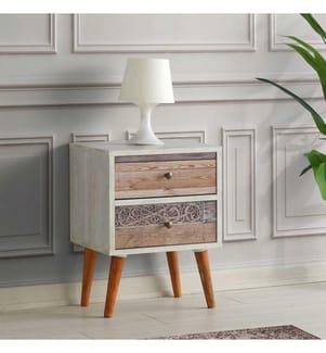 Table de chevet, blanche, noyer, panneau de particules mélaminé