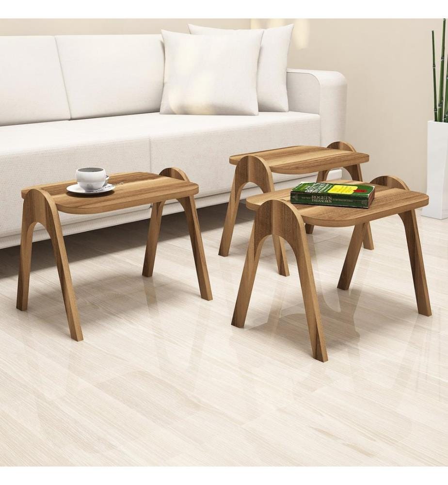 Table gigogne, 3 pièces, noyer, panneaux de particules mélaminés