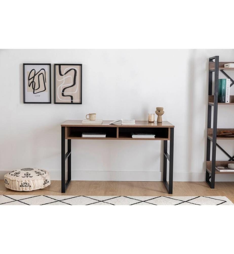 Bureau d'étude, noyer, panneaux de particules mélaminés, structure métallique