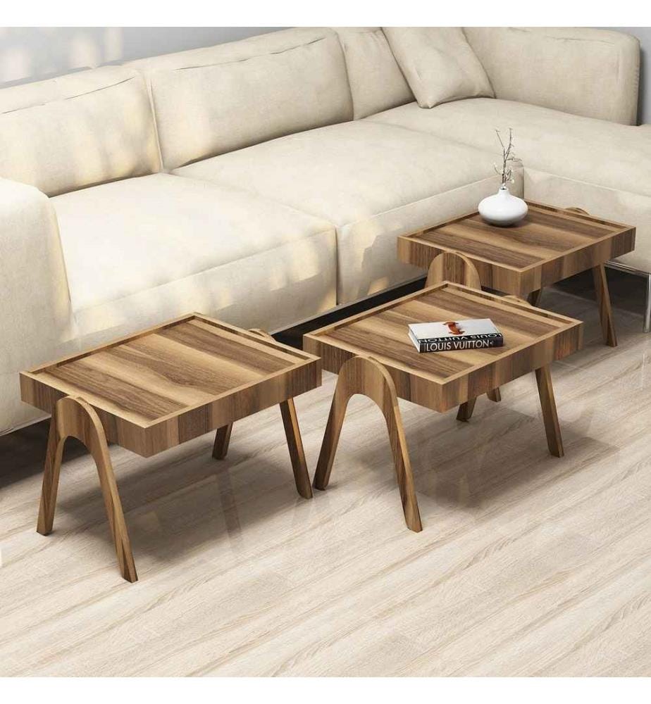 Table gigogne, 3 pièces, noyer, panneaux de particules mélaminés