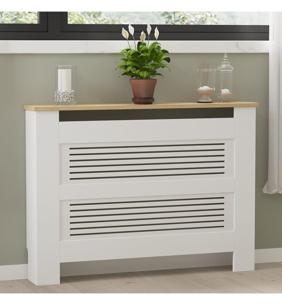 Mobiletto per termosifone, rovere zaffiro, bianco, pannello di particelle rivestito in melamina al 100%.