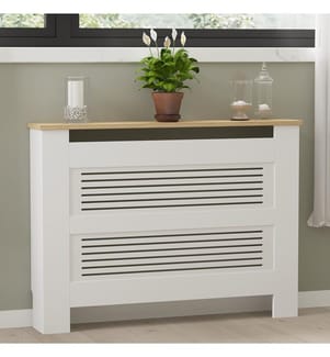 Mobiletto per termosifone, rovere zaffiro, bianco, pannello di particelle rivestito in melamina al 100%.
