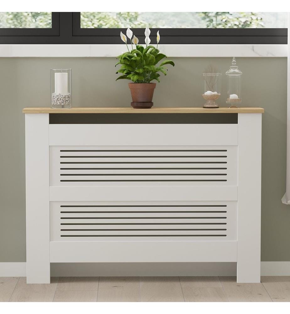 Mobiletto per termosifone, rovere zaffiro, bianco, pannello di particelle rivestito in melamina al 100%.