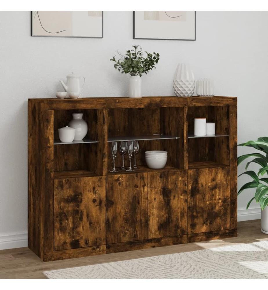 Sideboards mit LED-Leuchten 3 Stk. Räuchereiche Holzwerkstoff