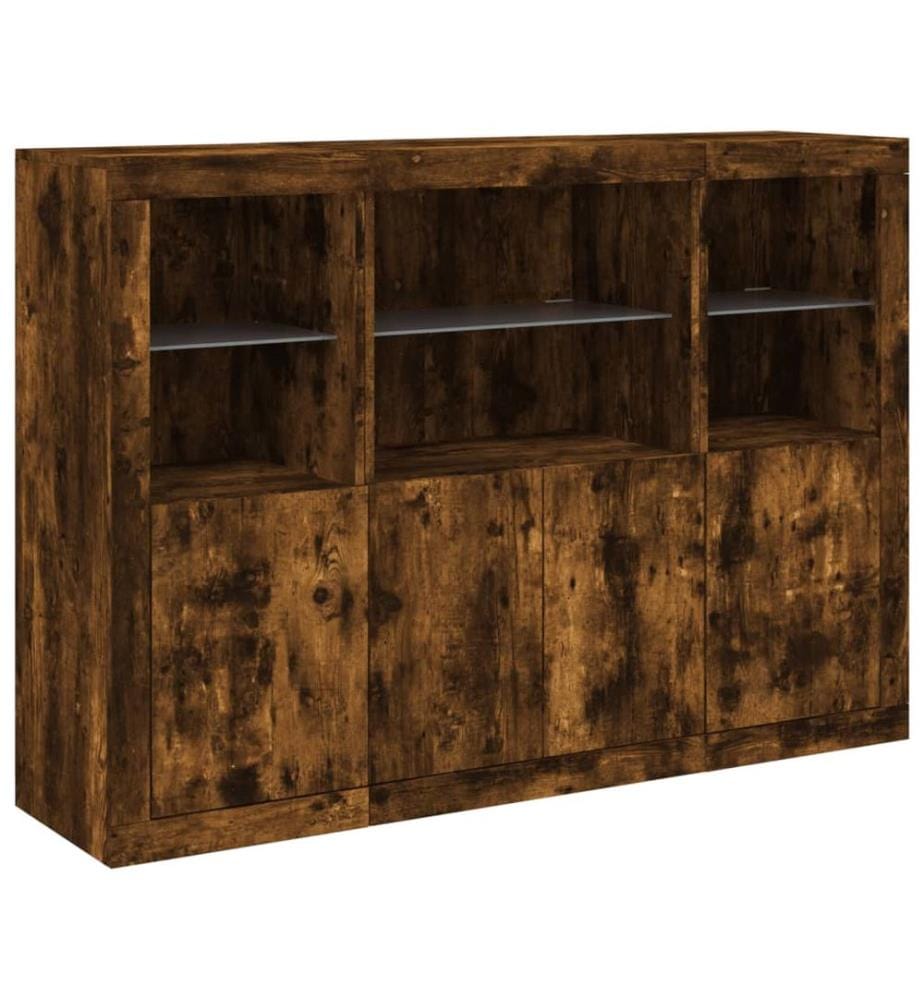 Sideboards mit LED-Leuchten 3 Stk. Räuchereiche Holzwerkstoff