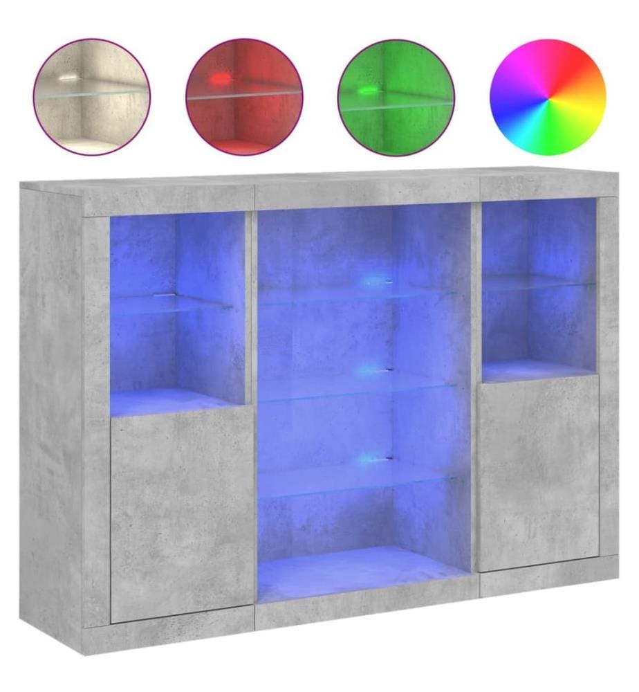 Buffets avec lumières LED 3 pcs gris béton bois d'ingénierie