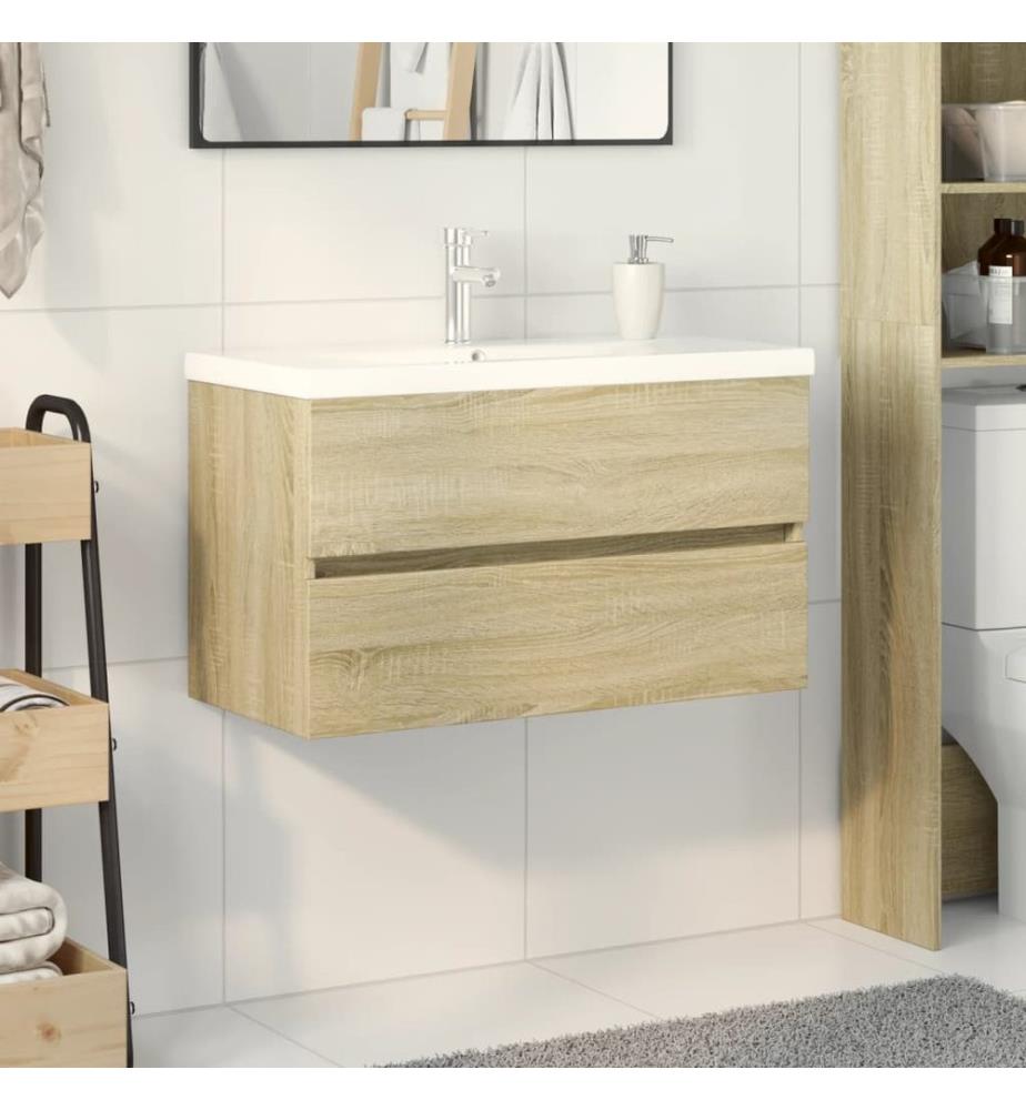 Ensemble de meubles de bain 2pcs céramique et bois d'ingénierie