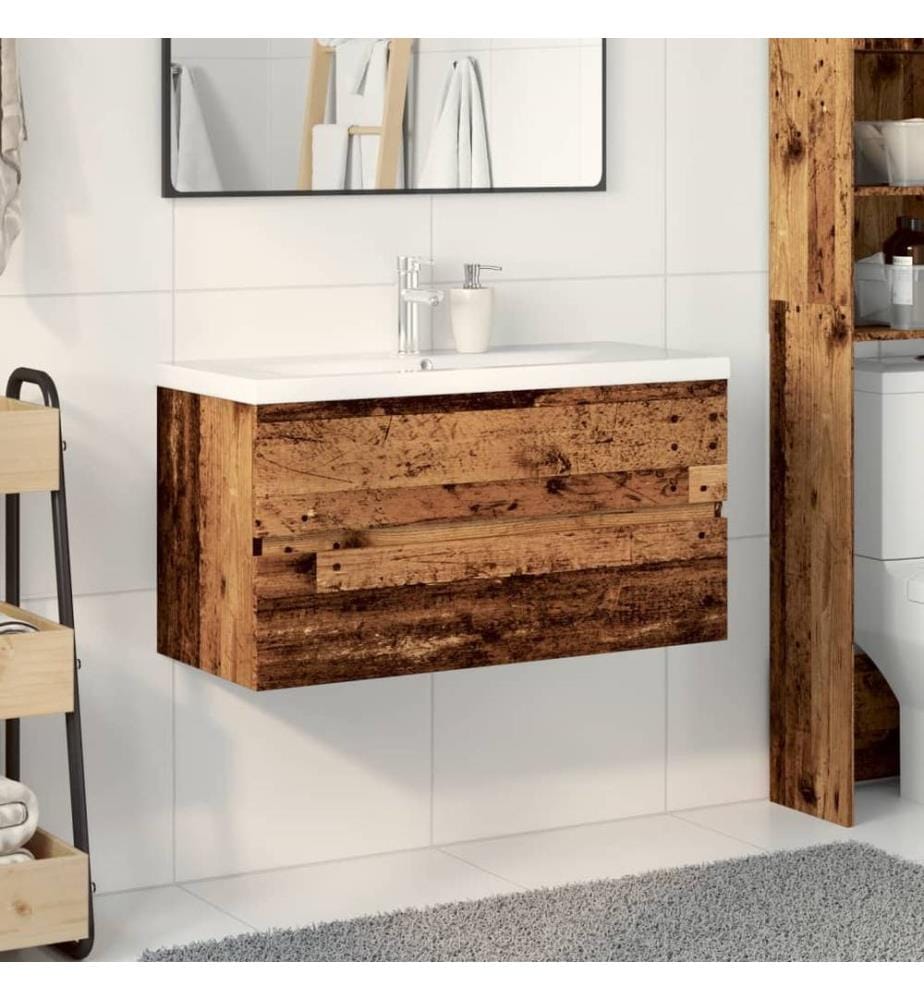 Waschbeckenunterschrank mit Einbaubecken Altholz-Optik